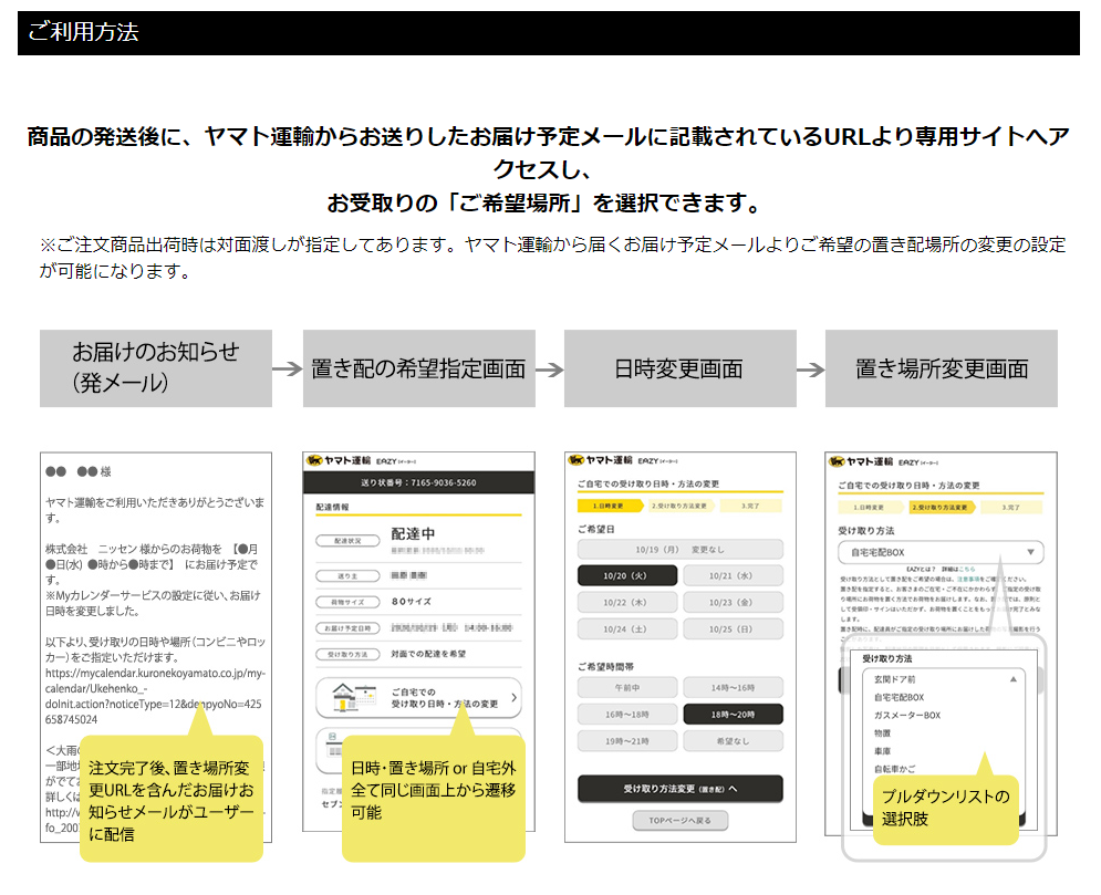 ニッセンの置き配のご利用方法
商品の発送後に、ヤマト運輸からお送りしたお届け予定メールに記載されているURLより専用サイトヘア
クセスし、
お受取りの「ご希望場所」を選択できます。※ご注文商品出荷時は対面渡しが指定してあります。ヤマト運輸から届くお届け予定メールよりご希望の置き配場所の変更の設定が可能になります。
